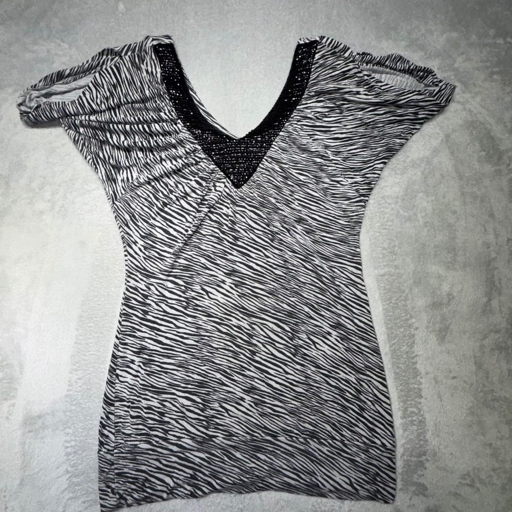 Vintage rue21 Zebra Print Sequin V-Neck Tunic Top Size‎ M Black White 2000s Y2K